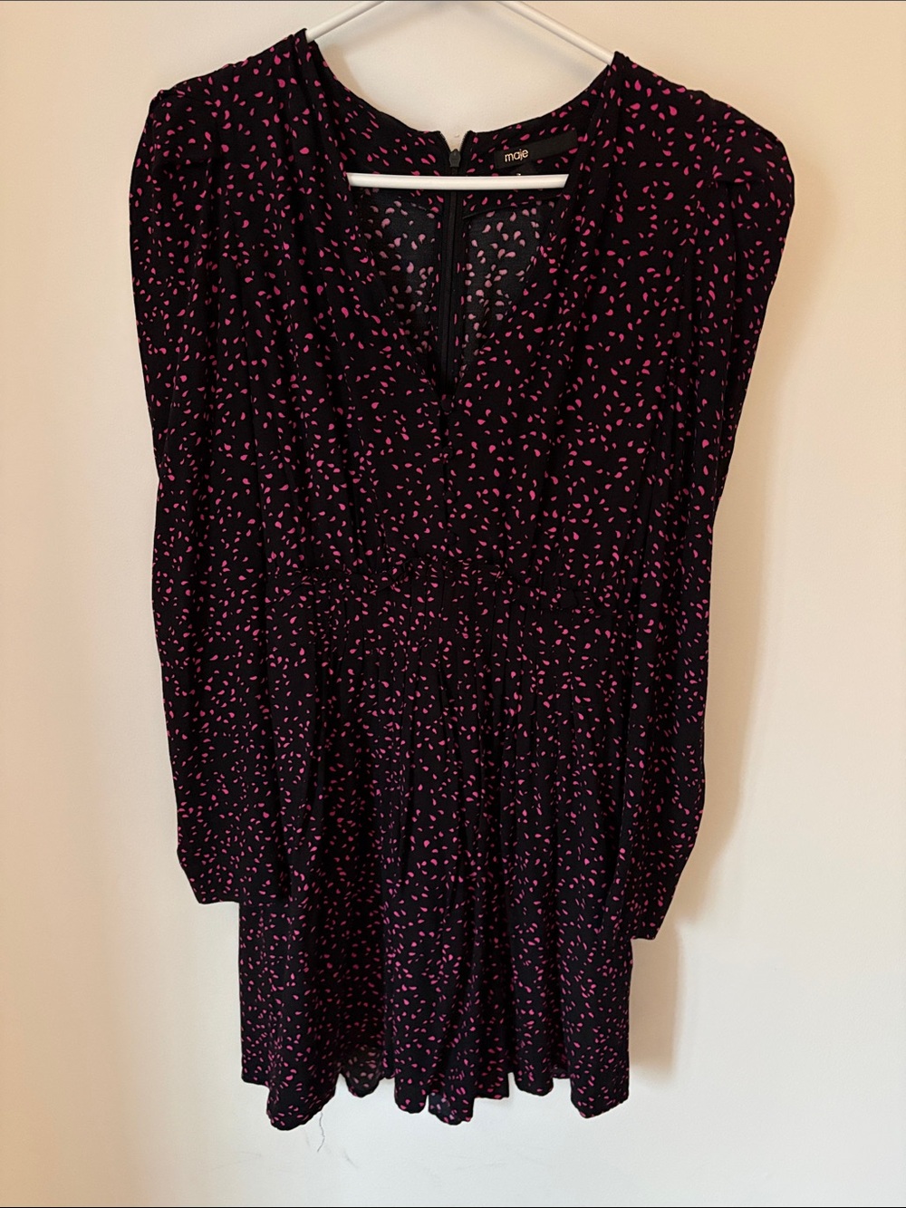 Maje Black Long-Sleeve Dress with Pink Spot Print